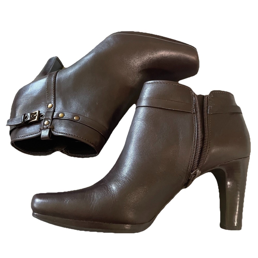 Liz Claiborne Women's Bootie Brown Leather Donato Ankle High Block Heel Zipper 7